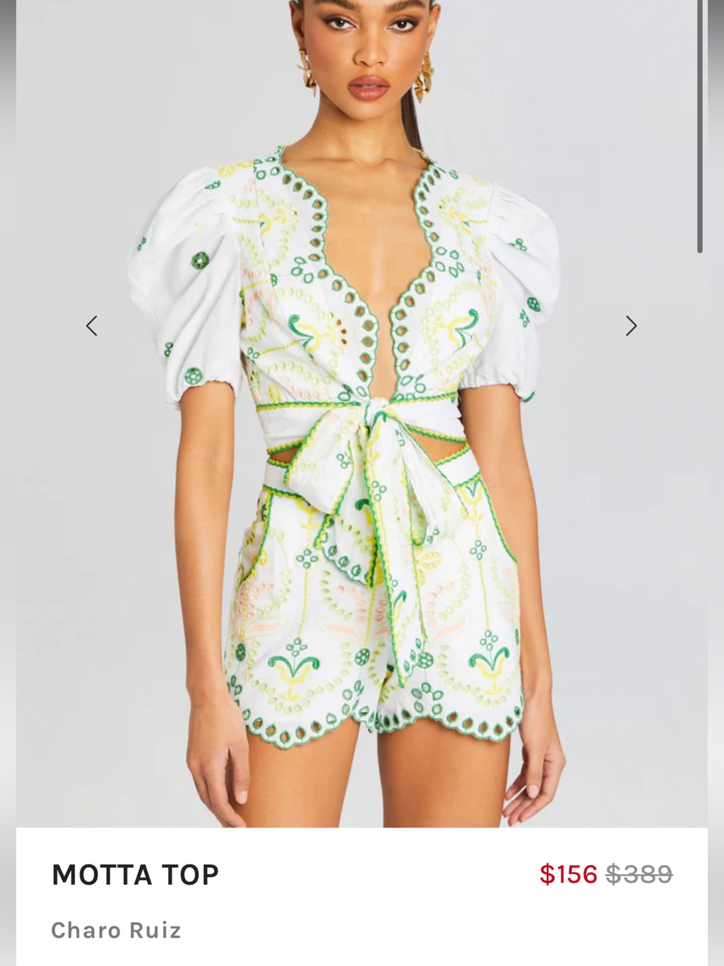 Charo Ruiz White Eyelet Motta Top With Green And Yellow Embroidery